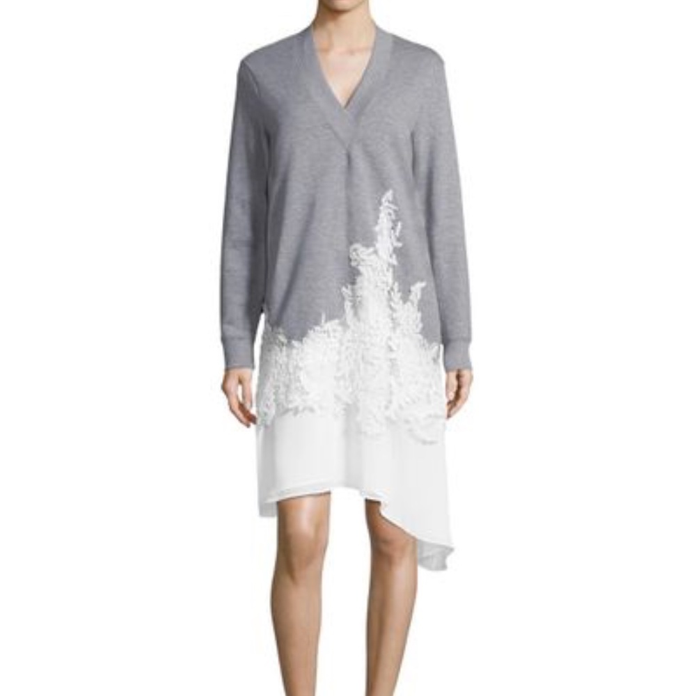 BCBG MAXAZRIA Beautiful LACE-TRIM V-NECK SWEATER DRESS IN HEATHER GREY Sz XXS